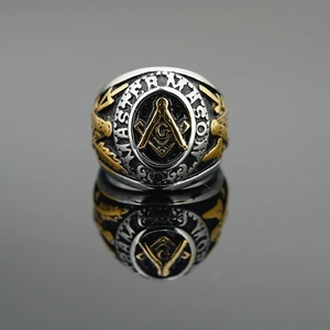 Retro two-tone Freemason Master Mason ring in silver and gold steel with G symbol