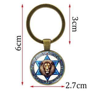 Vintage Löwenkopf Schlüsselanhänger mit blauem Davidstern Glasanhänger in 6cm Länge