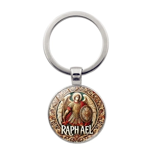 Archangel Raphael Metal Glass Pendant Key Ring Religious Christian Jewelry Vintage Style Protection Amulet Keychain Gift