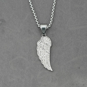 Silver feather pendant necklace with shimmering crystals on a sleek box chain style
