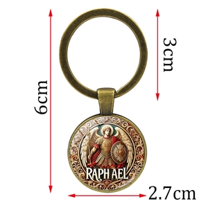 Archangel Raphael religious bronze keychain with 6cm length and 2.7cm glass pendant