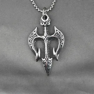 Vintage Trident Pendant Necklace For Men Titanium Steel Engraved Poseidon Trident Retro Silver Punk Gothic Jewelry