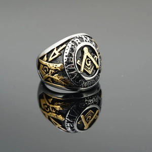 Masonic signet ring for men in silver and gold tone steel with the Eye of Providence symbol