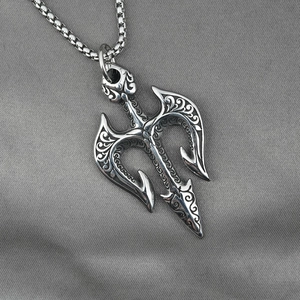 Vintage trident pendant necklace for men in antique silver finish with box chain