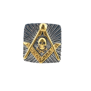 Square stainless steel Freemasonry skull ring with gold and silver vintage finish