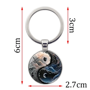 6cm Yin Yang celestial pattern keychain with silver metal ring and circular glass pendant