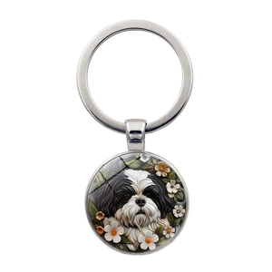 Charm Shih Tzu Dog Keychain Alloy Glass Flower Round Pendant Key Ring For Pet Lovers Bag Accessories Vintage Metal Key Holder