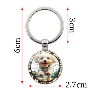 Cute white puppy keychain pendant with silver metal ring and sizing details