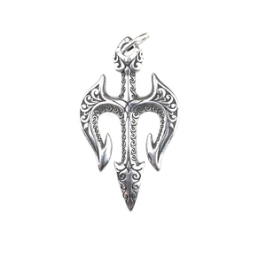 Vintage oxidized silver trident pendant with intricate engraved floral patterns for men