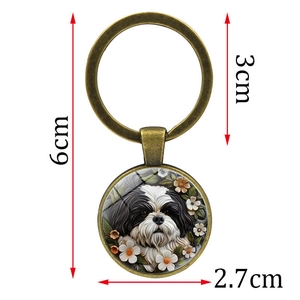 Vintage Shih Tzu dog keychain with bronze pendant showing size dimensions and details