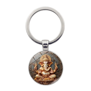 Porte Clés Vintage Dieu Éléphant Ganesha Avec Anneau En Alliage De Zinc Et Pendentif En Verre Cabochon Pour Hommes Femmes Cadeau Religieux