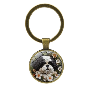 Charming Shih Tzu puppy keychain with bronze metal ring and floral dog art pendant