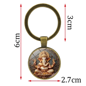 Porte-clés dieu hindou Ganesha en bronze antique avec cabochon en verre rond 6cm