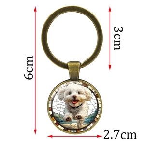 Cute white puppy keychain with mosaic art pendant in vintage bronze metal finish, 6cm size