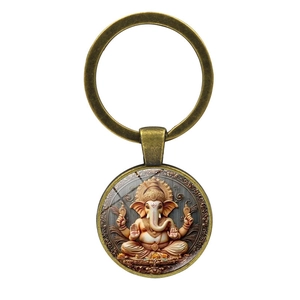 Porte-clés Ganesha en bronze antique avec pendentif rond et anneau métallique