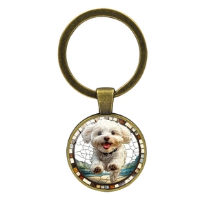 Cute white puppy keychain with bronze metal ring and artistic glass pendant