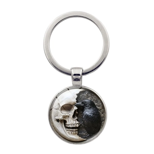 Gothic Skull Raven Crow Pendant Keychain Vintage Zinc Alloy Glass Cabochon Key Ring For Men Women Dark Art Jewelry Accessory