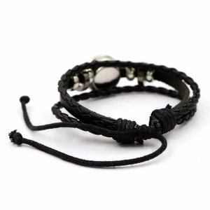 Vintage punk style fox glass gem layered woven rope bracelet with black leather strands