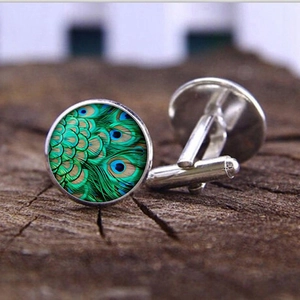 Vintage Peacock Feather Glass Cabochon Cufflinks For Men Fashion Alloy Shirt Cuff Link Studs Wedding Business Jewelry Gift