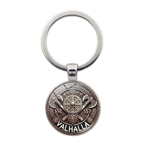 Portachiavi Vintage Scudo Vichingo Doppia Ascia Valhalla Simbolo Runico Nordico Lega di Zinco Vetro Cabochon Pendente Regalo