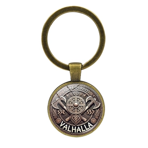 Portachiavi scudo vichingo vintage con doppie asce e testo Valhalla in bronzo