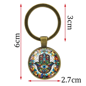 Vintage Hamsa Hand keychain with colorful glass pendant and bronze finish metal ring