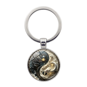 Porte-clés Dragon Chinois Vintage Yin Yang Tai Chi Cabochon en Verre Alliage de Zinc Anneau Porte-clés Pendentif de Sac Cadeau