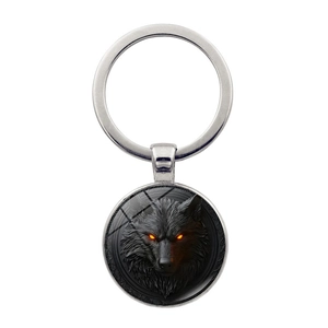 Vintage Metal Wolf King Head Pattern Keychain Zinc Alloy Round Glass Pendant Key Ring For Car Bag Accessory Men Gift