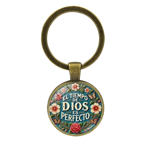 Porte-clés vintage en bronze avec dôme en verre EL TIEMPO DE DIOS ES PERFECTO