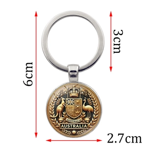 Australian national emblem metal keychain with kangaroo and emu pendant on a white background