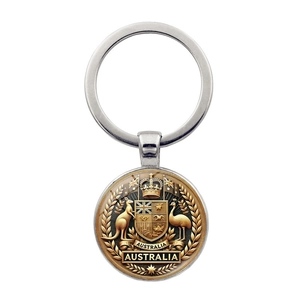 Australia Flag Kangaroo Emu National Emblem Keychain Zinc Alloy Glass Dome Vintage Souvenir Car Bag Pendant Key Ring Unisex Decor