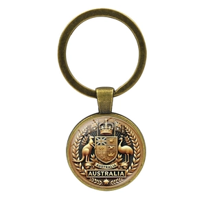 Australian souvenir keychain with kangaroo and emu crest in vintage bronze metal finish