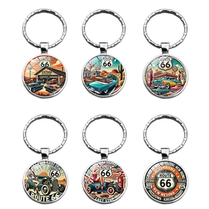 Vintage American Route 66 Keychain Metal Glass Dome Pendant Retro Car Garage Key Ring For Men Women Travel Souvenir Gift