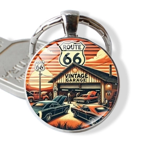 Vintage Route 66 keychain with classic car garage design on a silver metal ring