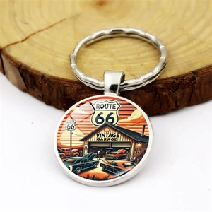 Classic Route 66 vintage garage metal keychain accessory with retro muscle car design