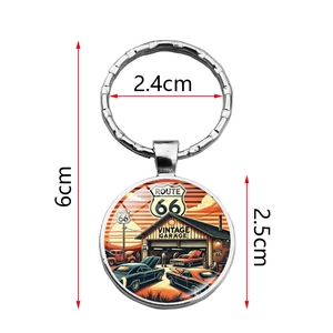 Close-up of Route 66 vintage garage metal keychain with dimensions 6cm x 2.5cm