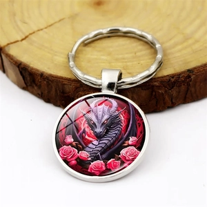 Classic pterosaur dragon and pink roses glass dome metal keychain for car keys or bags