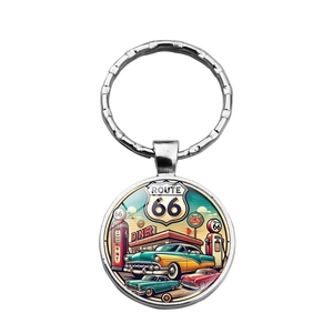 Detailed macro view of Route 66 vintage illustration under a glass cabochon pendant keychain