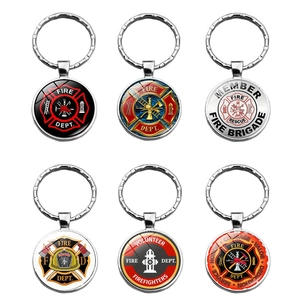 Firefighter Fire Dept Badge Metal Keychain Round Glass Dome Keyring For Men Women Fireman Hero Gift Car Bag Pendant Accessory