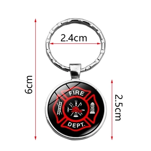 Detailed view of the 2.5cm Fire Dept emblem keychain with specific size measurements