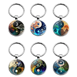 Yin Yang Tree Of Life Art Keychain Metal Glass Cabochon Pendant Scenic Landscape Key Ring For Car Bag Unisex Jewelry Gift