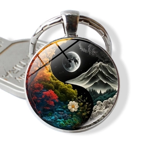 Yin Yang Tree of Life silver keychain with snowy mountain and autumn landscape design