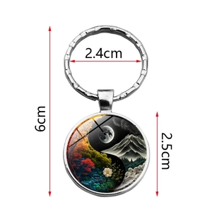 Yin Yang Tree of Life glass pendant keychain with silver metal ring and landscape art