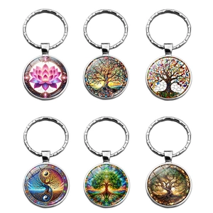 Tree Of Life Lotus Glass Cabochon Keychain Silver Alloy Round Pendant Key Ring For Women Bag Car Hanging Charm Jewelry