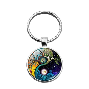 Silver alloy Yin Yang Tree of Life keychain with colorful glass dome pendant