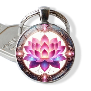 Silver metal keychain with lotus flower art glass pendant for car bags and accessories
