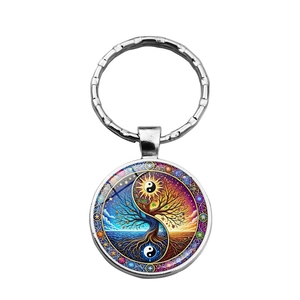 Tree of Life and Tai Chi Yin Yang pendant keychain in silver alloy finish for car bags