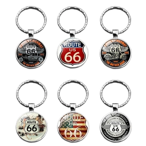 Vintage Route 66 Keychain Zinc Alloy Glass Cabochon America's Highway Retro Car Motorcycle Key Ring Gift For Men Women