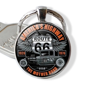 Vintage Route 66 highway metal keychain with antique car graphic and glass dome