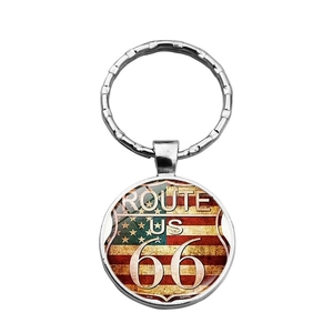 Vintage Route 66 keychain with American flag design and silver metal keyring